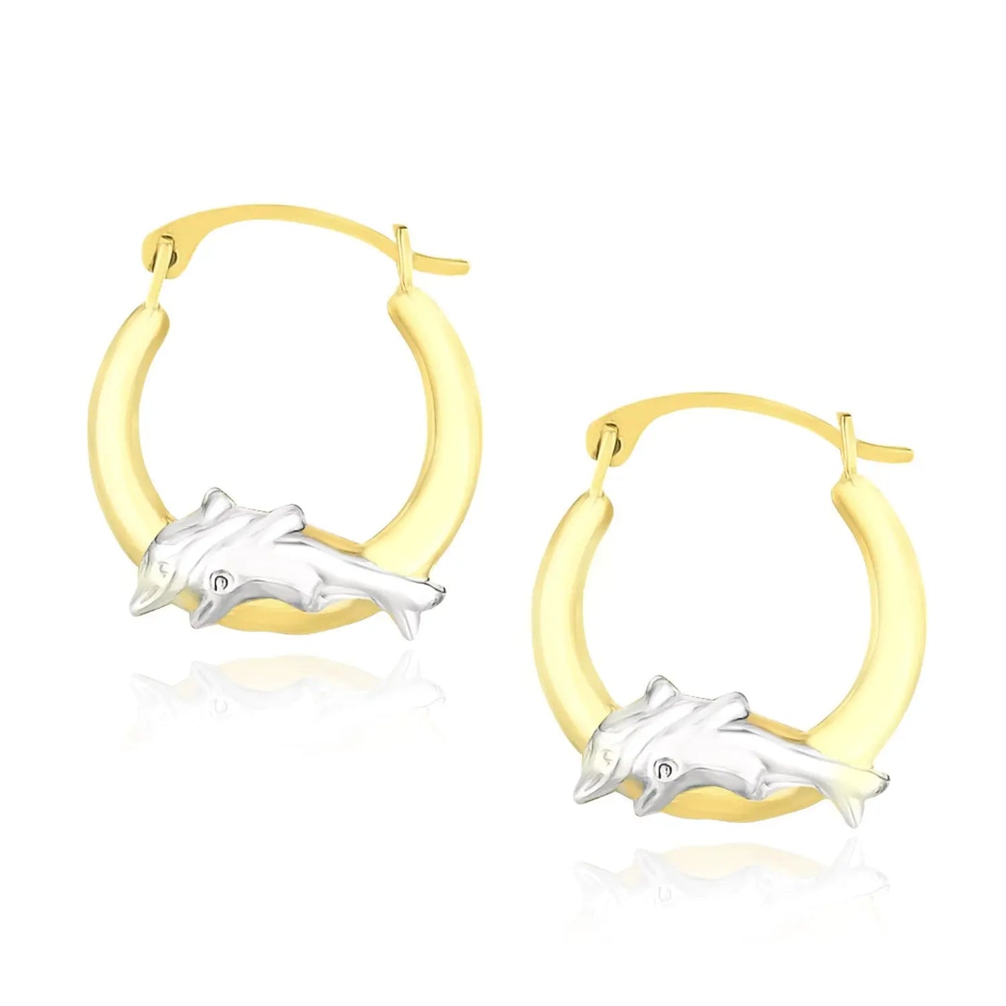 10k Two-Tone Gold Round Graduated Dolphin Design Hoop Earrings RCJ Earrings CELESTIA LUXE JEWELLERS