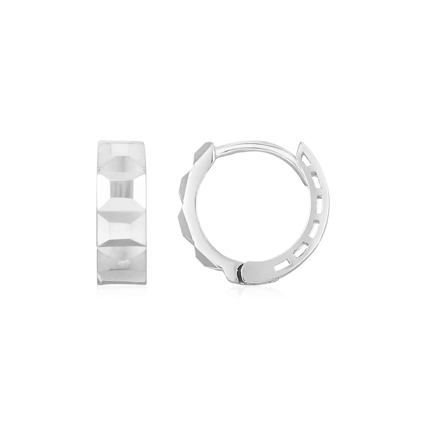 14K White Gold Square Motif Faceted Huggie Earrings RCJ Earrings CELESTIA LUXE JEWELLERS