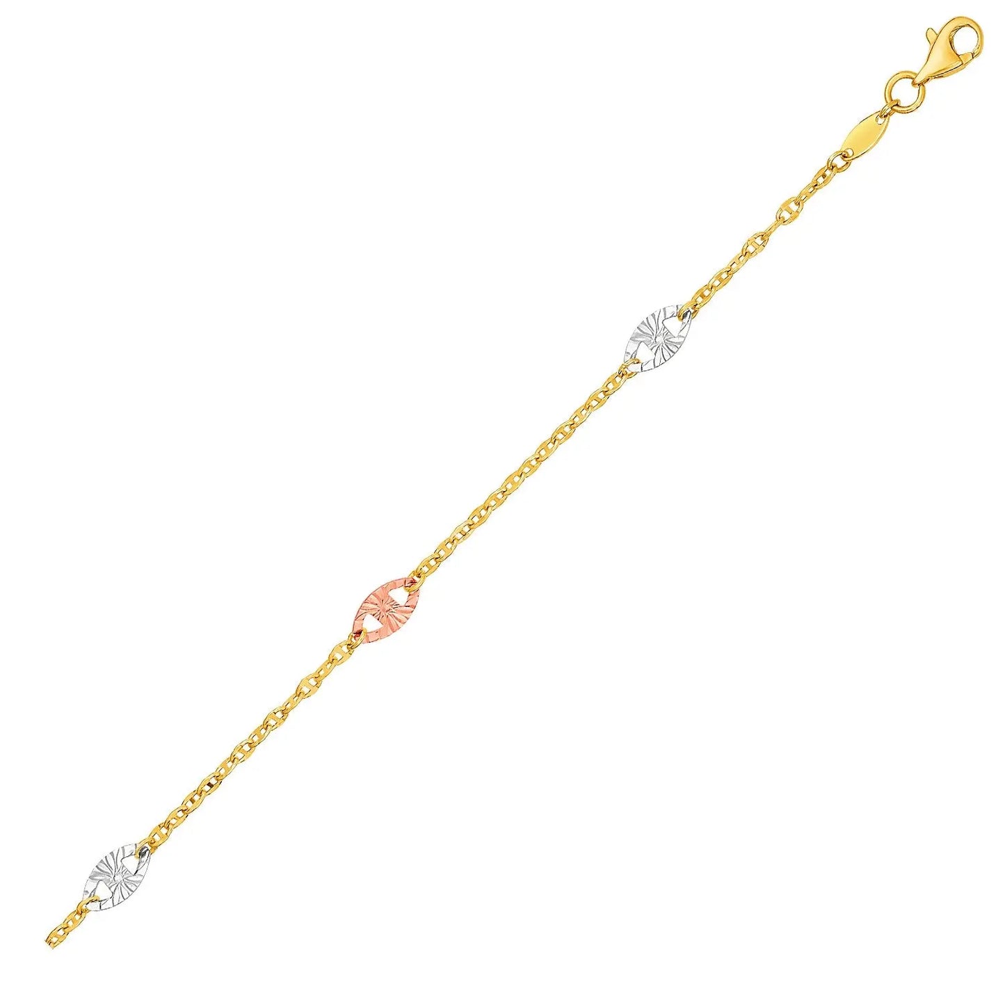 14k Three-Toned Yellow, White, and Rose Gold Anklet with Textured Ovals RCJ Anklets CELESTIA LUXE JEWELLERS