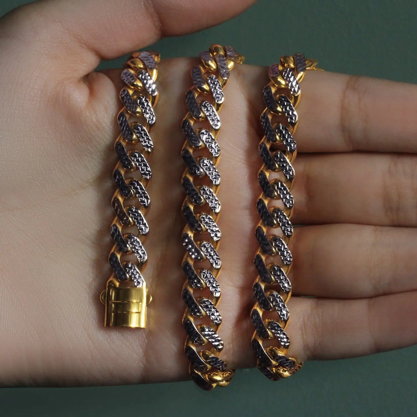 14k Two Tone Gold Miami Cuban Chain Necklace with White Pave RCJ Necklaces CELESTIA LUXE JEWELLERS