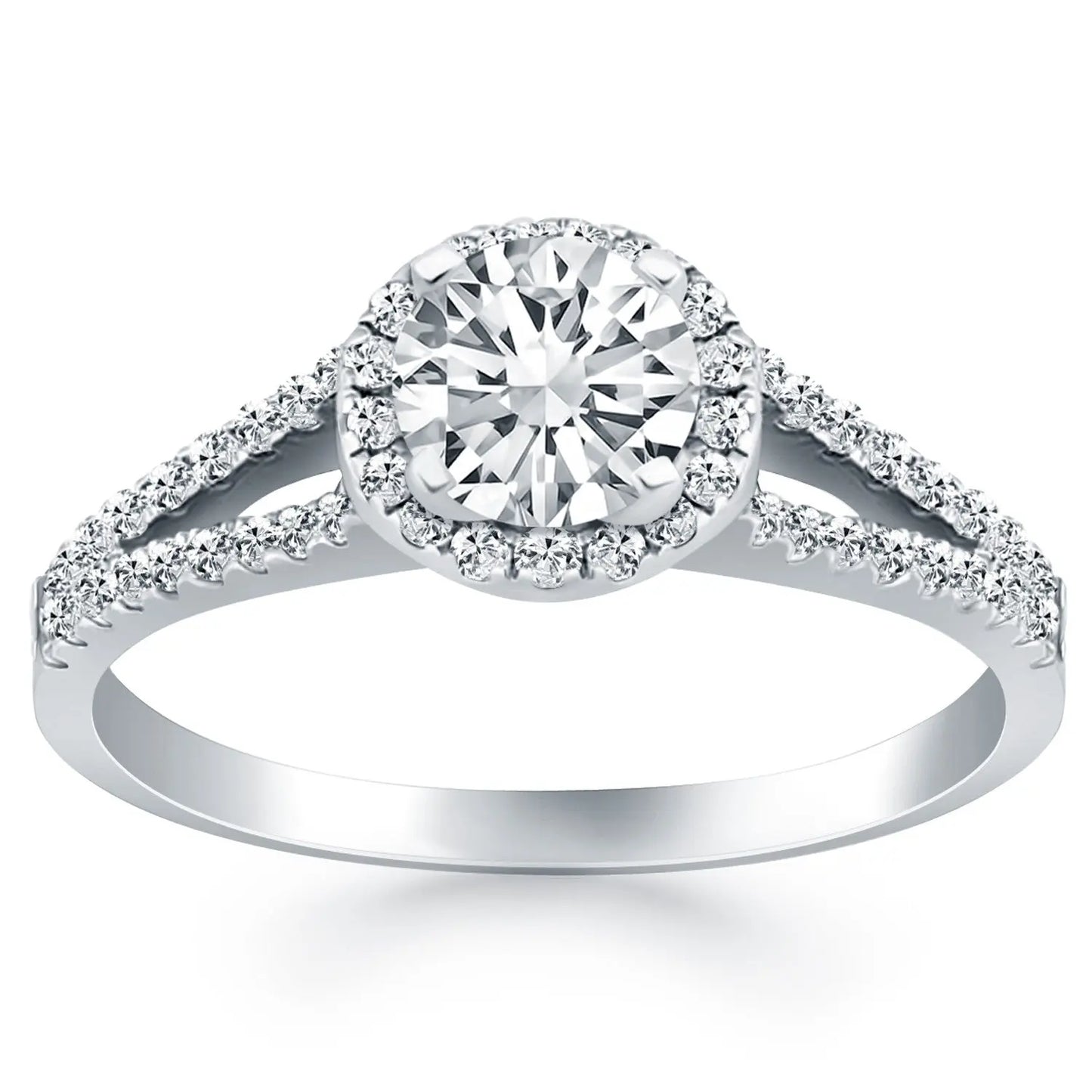 14k White Gold Diamond Halo Split Shank Engagement Ring RCJ Rings CELESTIA LUXE JEWELLERS