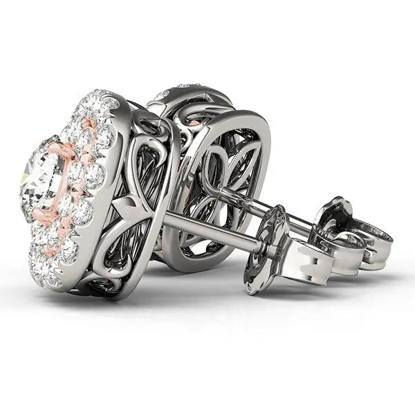 14k White and Rose Gold Cushion Shape Halo Diamond Earrings (3/4 cttw) RCJ Earrings CELESTIA LUXE JEWELLERS