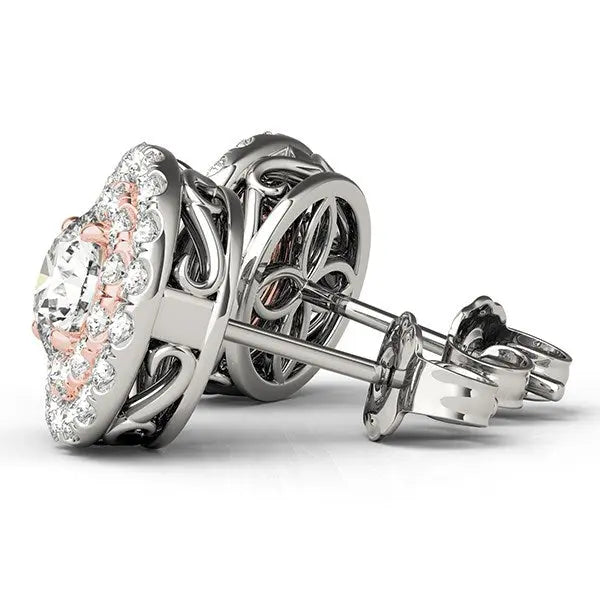 14k White and Rose Gold Round Halo Diamond Earrings (3/4 cttw) RCJ Earrings CELESTIA LUXE JEWELLERS
