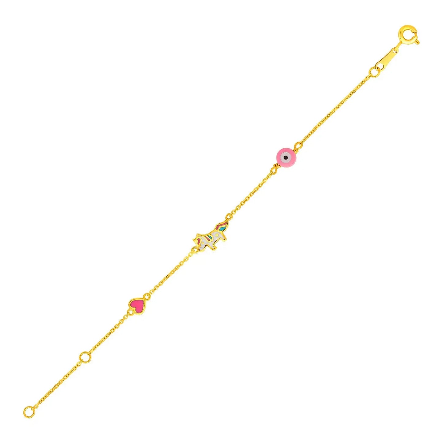 14k Yellow Gold Childrens Bracelet with Enameled Heart Unicorn and Circle RCJ Bracelets CELESTIA LUXE JEWELLERS