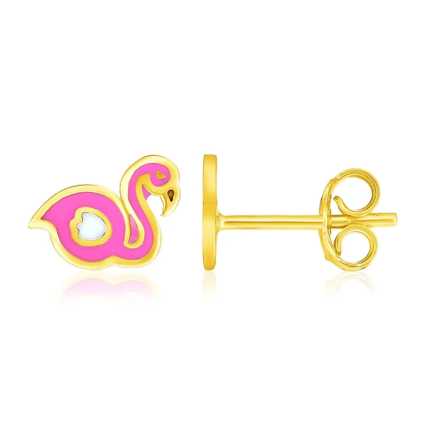 14k Yellow Gold Enameled Flamingo Childrens Earrings RCJ Earrings CELESTIA LUXE JEWELLERS