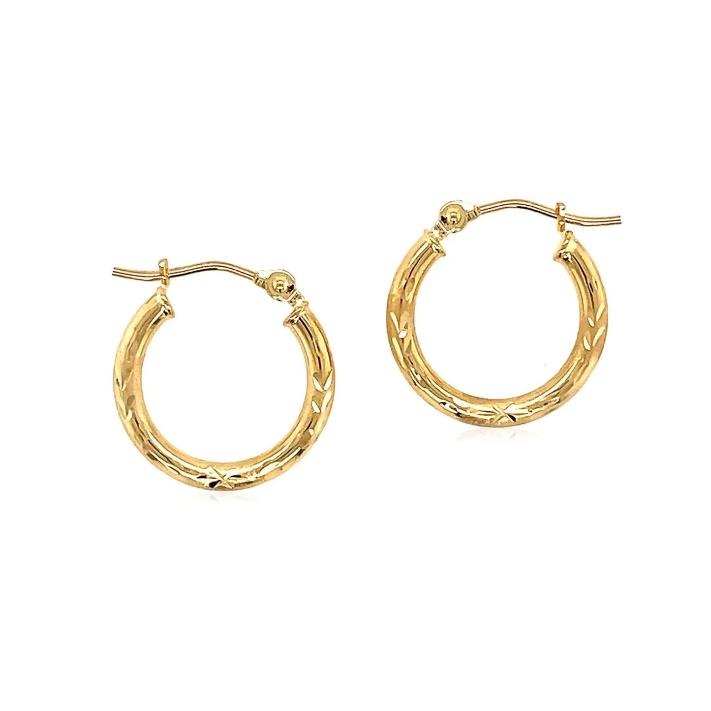 14k Yellow Gold Fancy Diamond Cut Slender Small Hoop Earrings (2x15mm) RCJ Earrings CELESTIA LUXE JEWELLERS