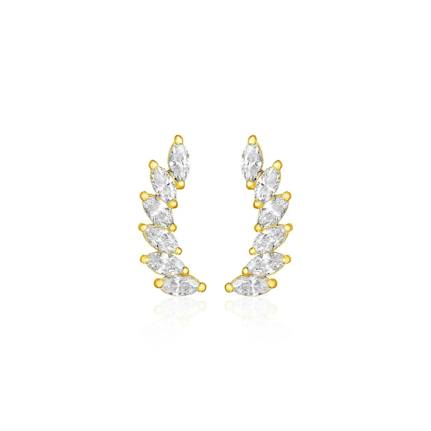 14k Yellow Gold Leaf Motif Climber Post Earrings with Marquise Cubic Zirconias RCJ Earrings CELESTIA LUXE JEWELLERS