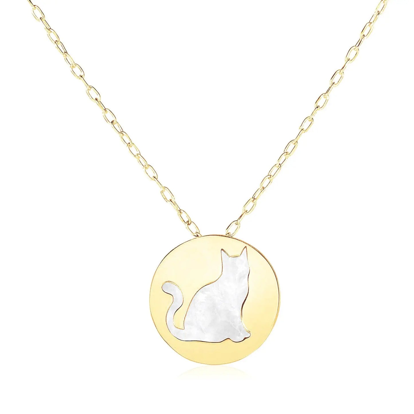 14k Yellow Gold Necklace with Cat Symbol in Mother of Pearl RCJ Necklaces CELESTIA LUXE JEWELLERS