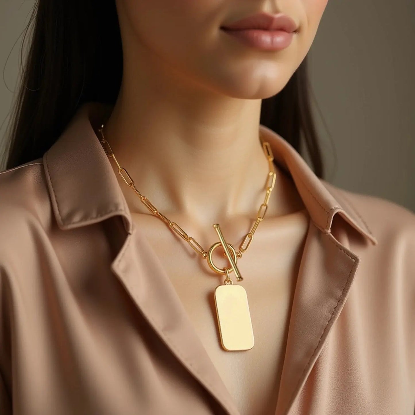 14k Yellow Gold Paperclip Chain Necklace with Rounded Rectangle Pendant RCJ Necklaces CELESTIA LUXE JEWELLERS