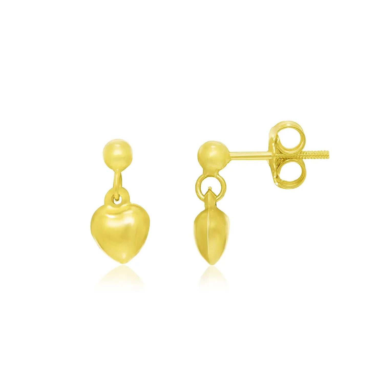 14k Yellow Gold Puffed Heart childrens Dangling Earrings RCJ Earrings CELESTIA LUXE JEWELLERS