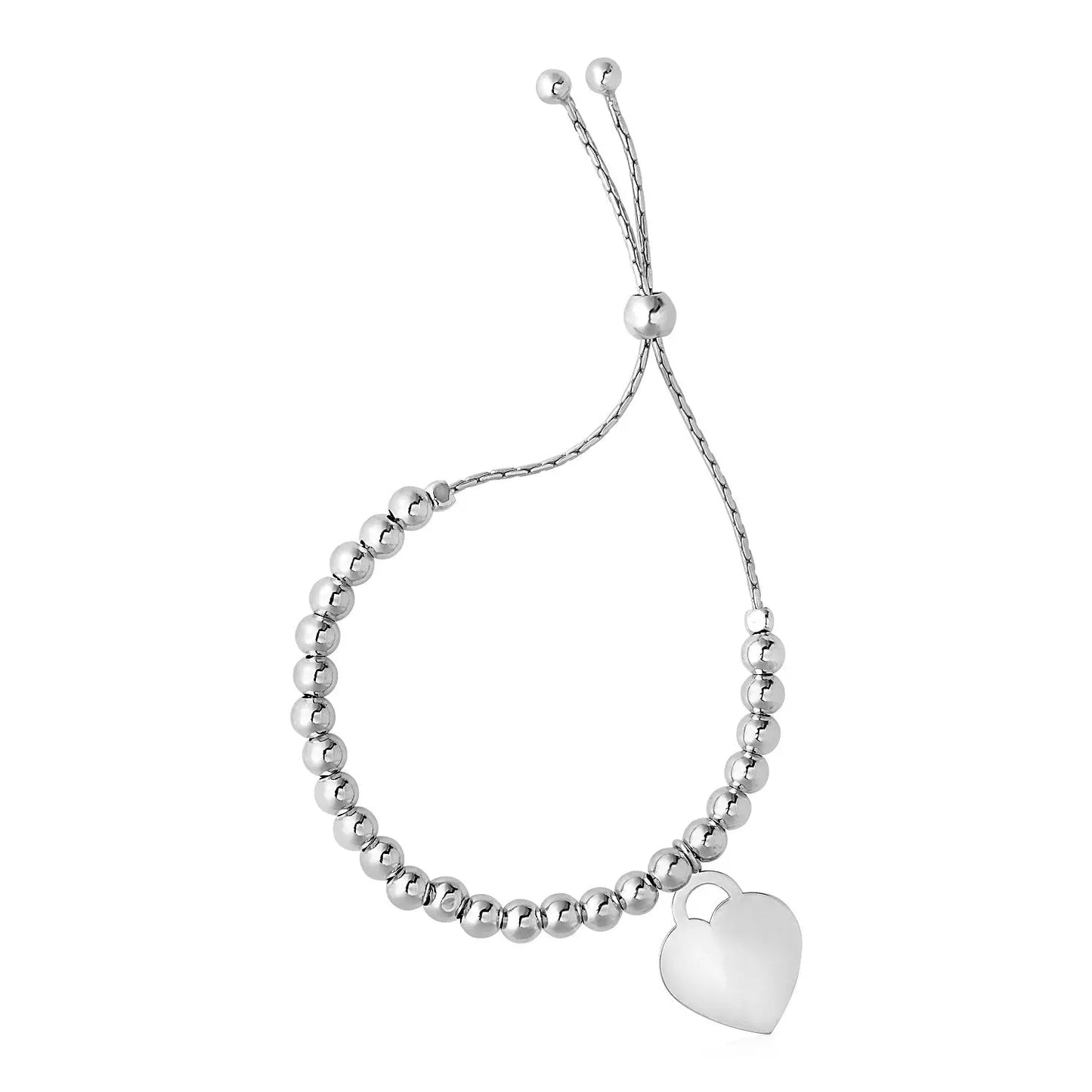Adjustable Shiny Bead Bracelet with Heart Charm in Sterling Silver (1.30 mm) RCJ Bracelets CELESTIA LUXE JEWELLERS