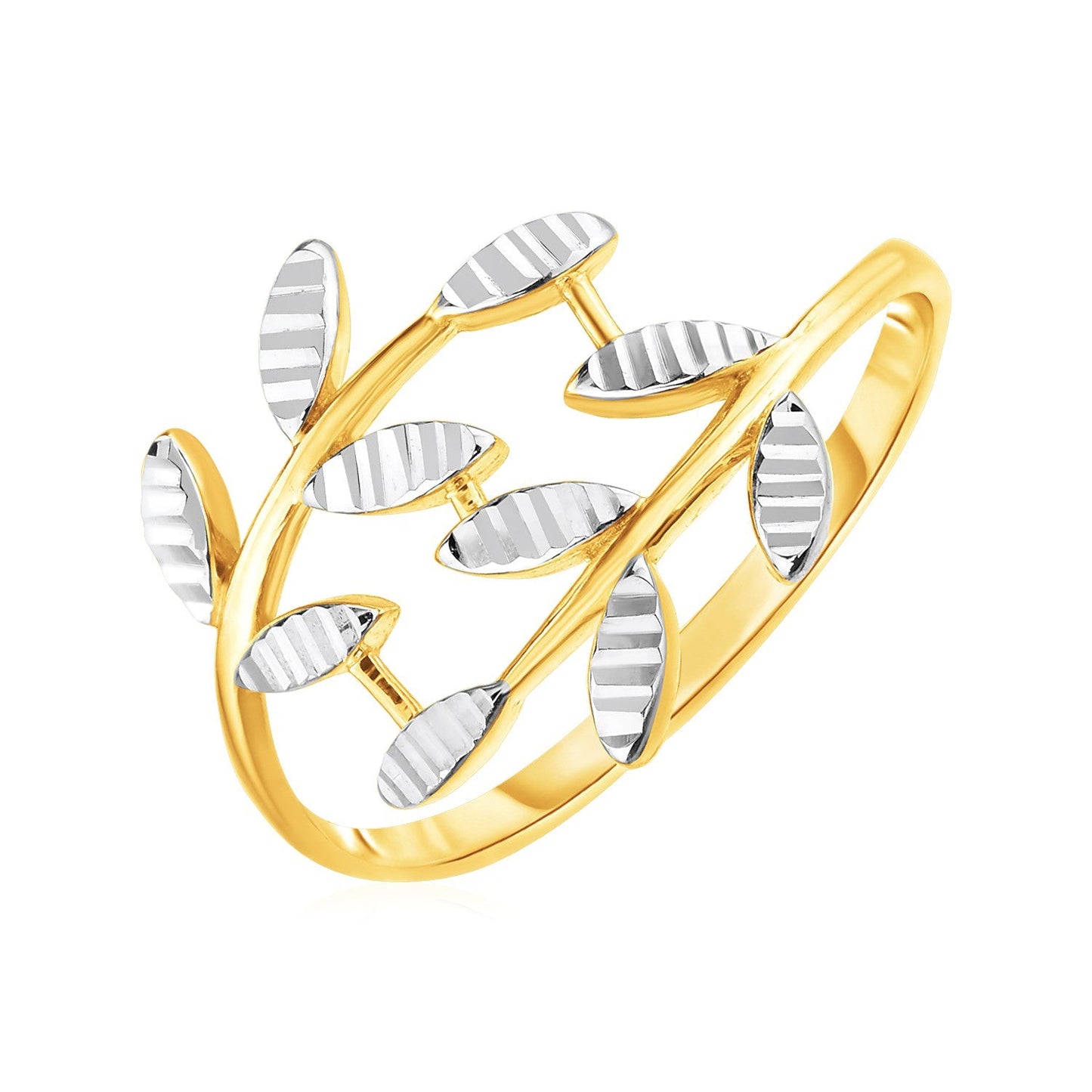 14k Two Tone Gold Crossover Ring with Textured Leaves(1.50 mm) RCJ Rings CELESTIA LUXE JEWELLERS