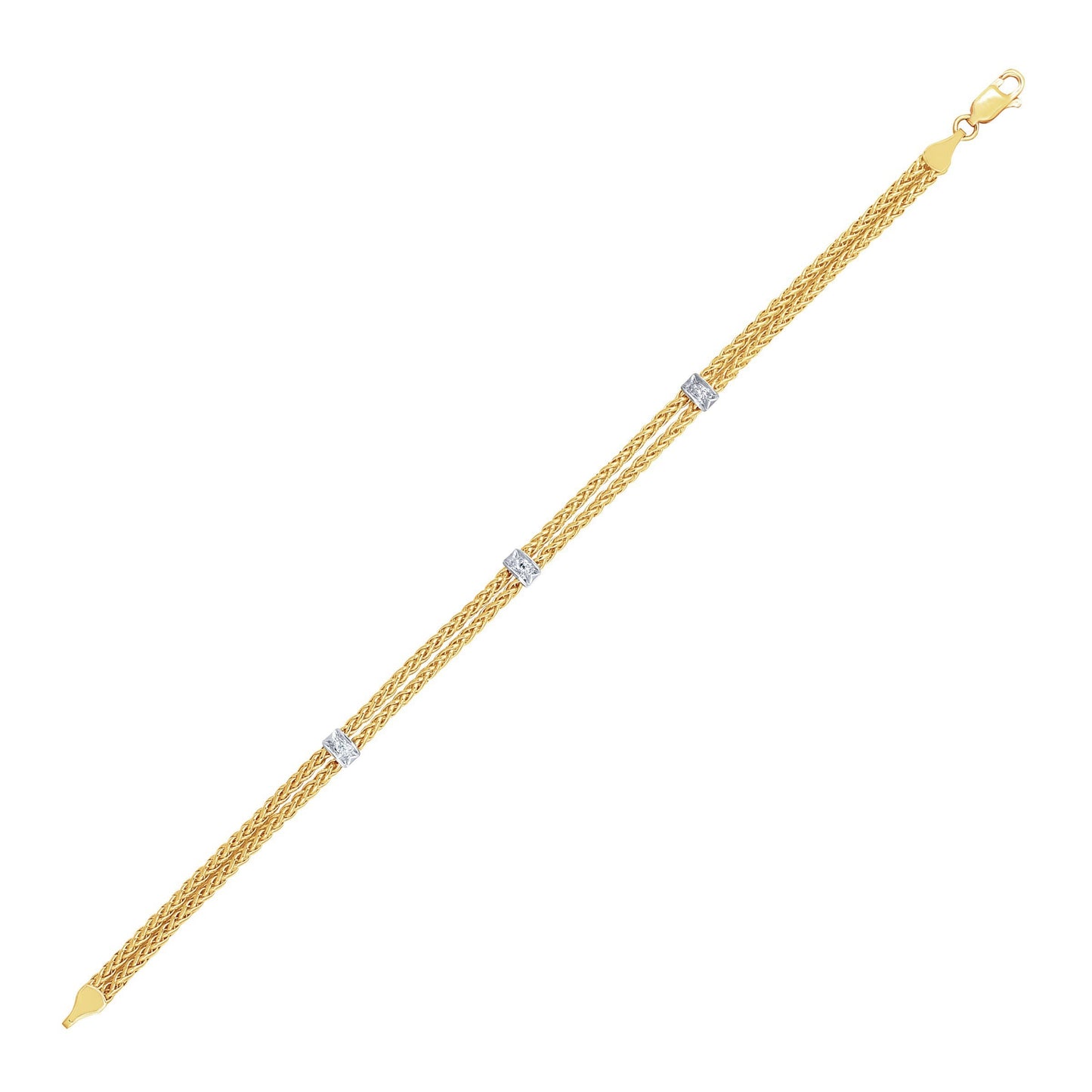 14k Two-Tone Gold Dual Wheat Chain Bracelet with Diamond Stations (3.75 mm) RCJ Bracelets CELESTIA LUXE JEWELLERS