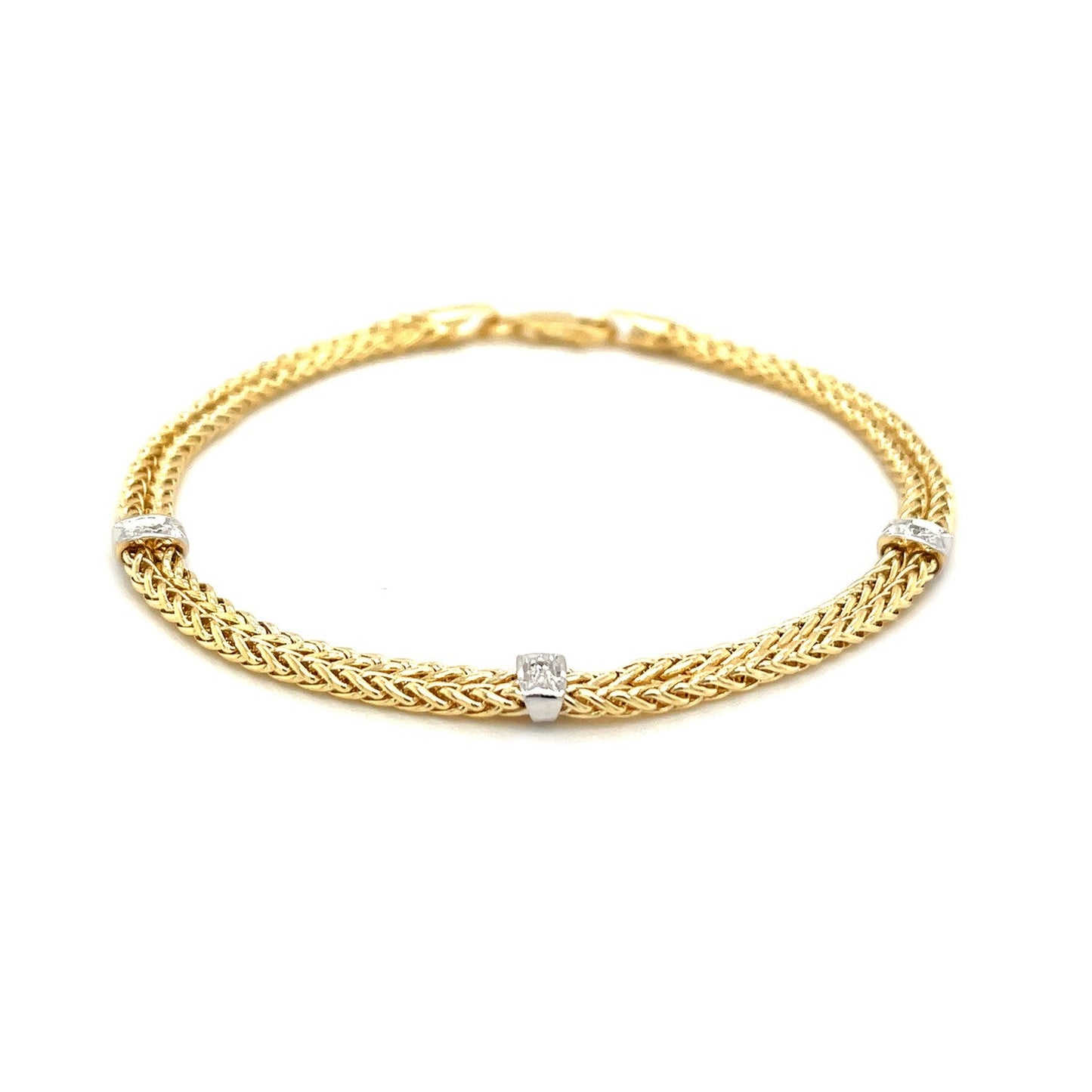14k Two-Tone Gold Dual Wheat Chain Bracelet with Diamond Stations (3.75 mm) RCJ Bracelets CELESTIA LUXE JEWELLERS