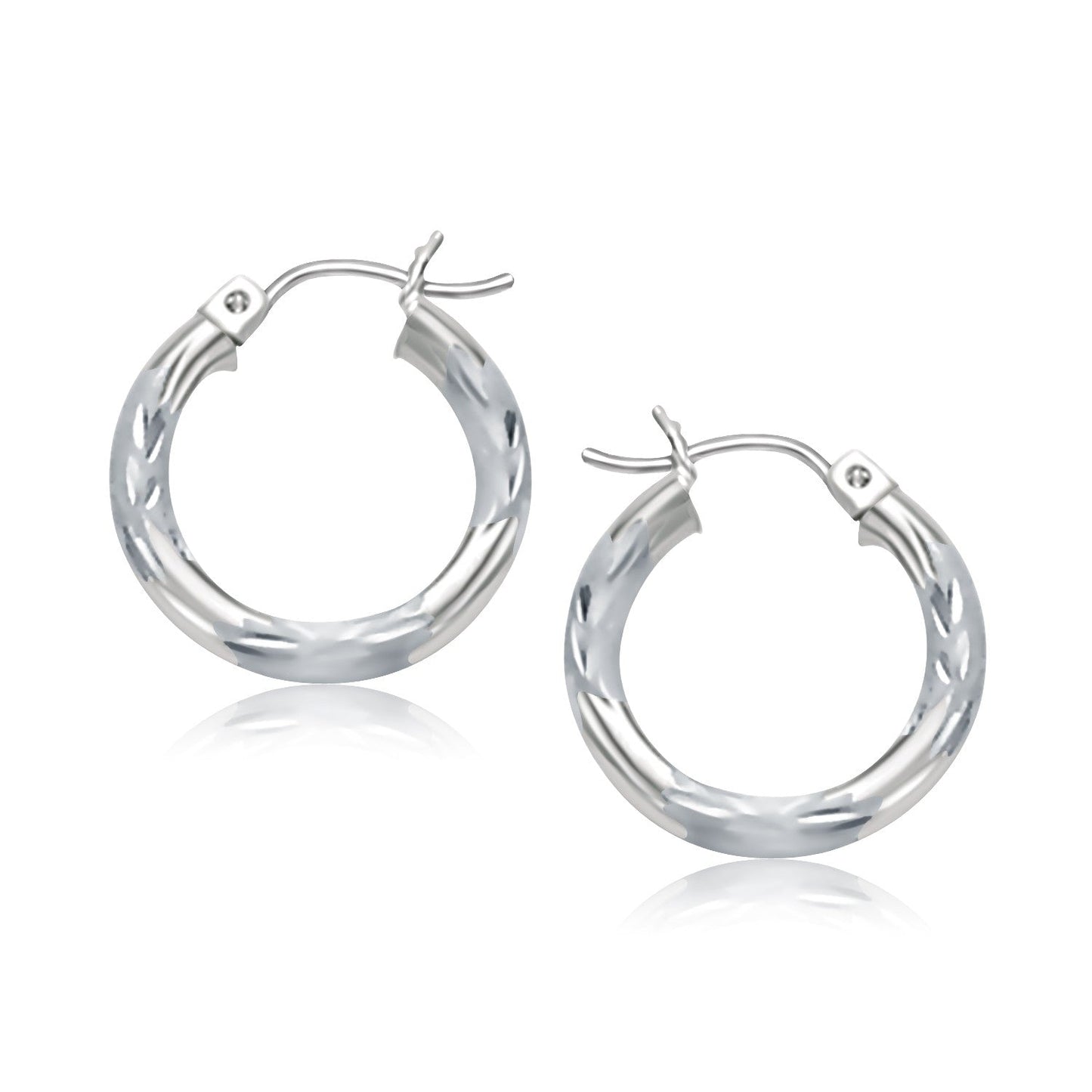 14k White Gold Hoop Earrings with Diamond Cuts (3x15mm) RCJ Earrings CELESTIA LUXE JEWELLERS