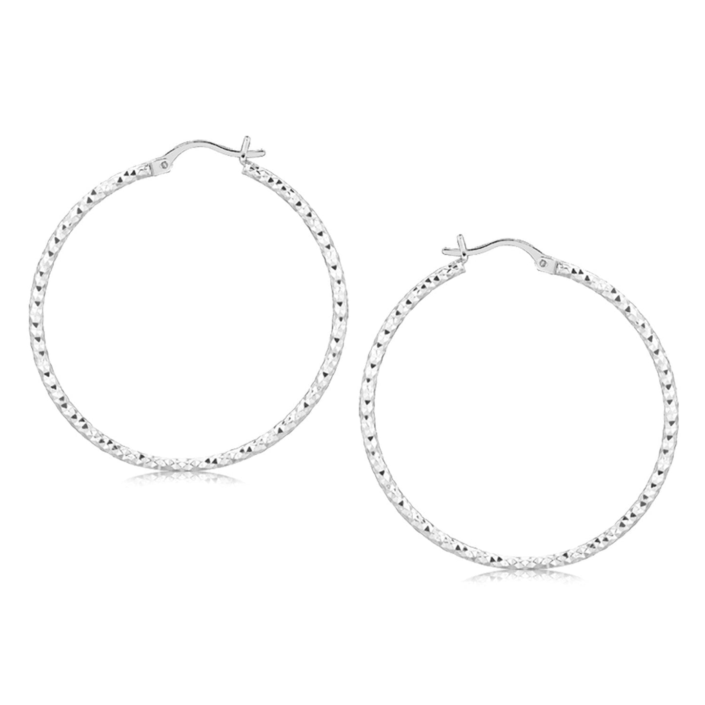 Sterling Silver Rhodium Plated Large Faceted Style Hoop Earrings(2x40mm) RCJ Earrings CELESTIA LUXE JEWELLERS
