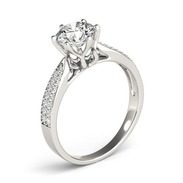 Six Prong 14k White Gold Diamond Engagement Ring with Pave Band (1 5/8 cttw) RCJ Rings CELESTIA LUXE JEWELLERS