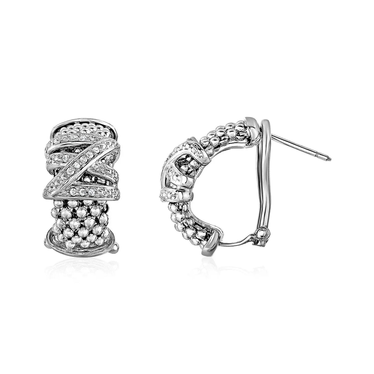 Popcorn Texture Earrings with Crossover Motif and Diamonds in Sterling Silver RCJ Earrings CELESTIA LUXE JEWELLERS