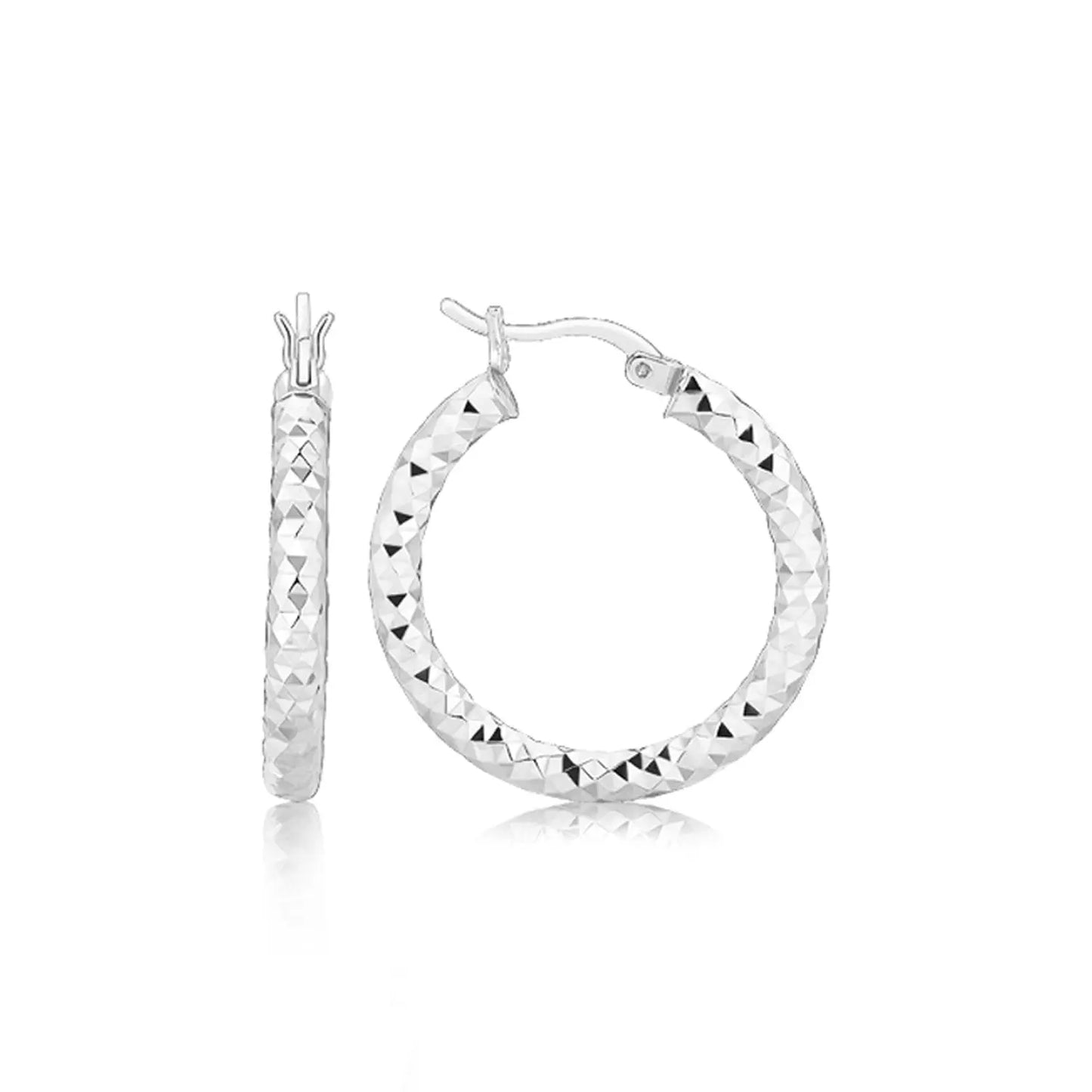 Sterling Silver Faceted Style Hoop Earrings with Rhodium Finishing(3x20mm) RCJ Earrings CELESTIA LUXE JEWELLERS
