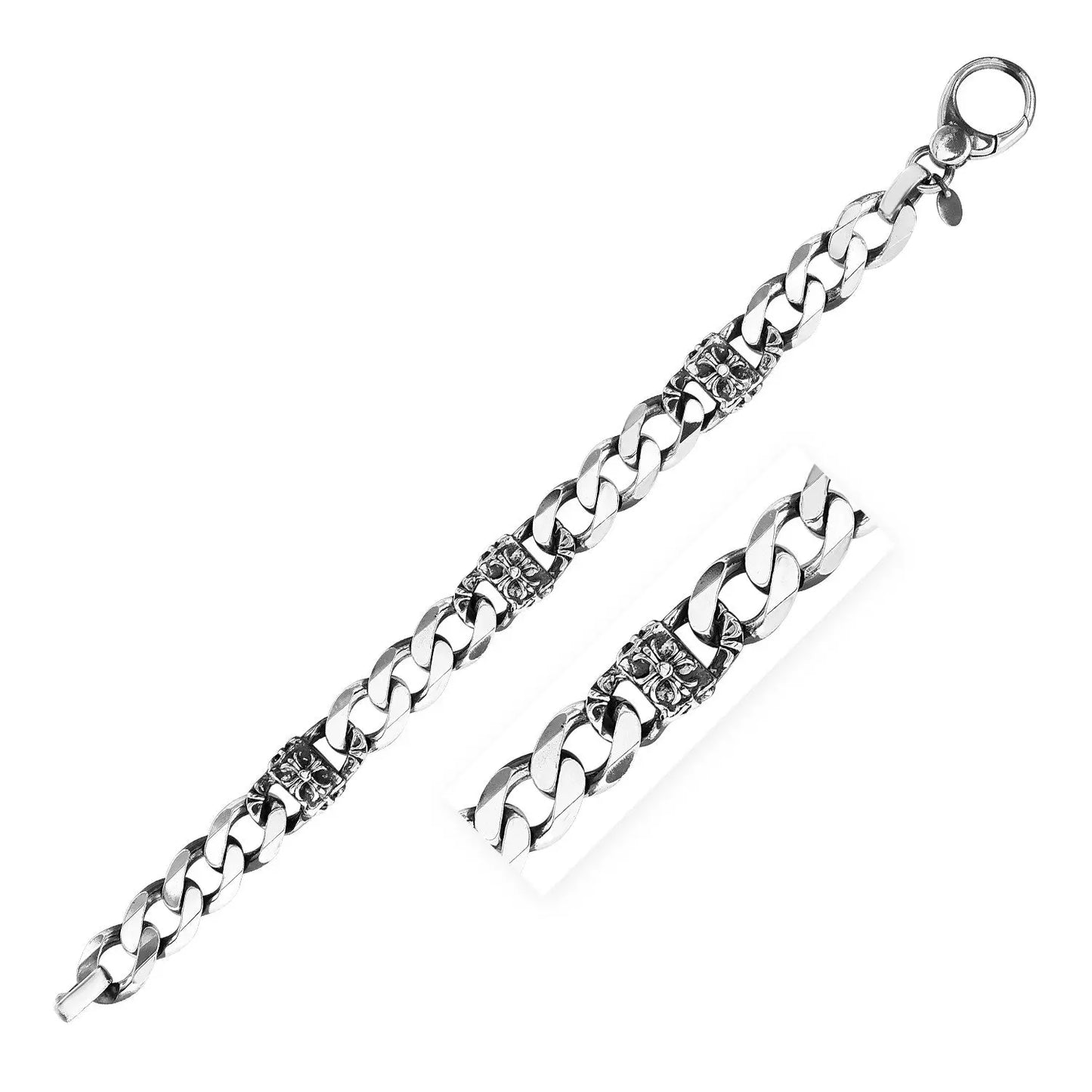 Sterling Silver Gunmetal Finish Cuban Link Bracelet with Floral Design(11.50 mm) RCJ Bracelets CELESTIA LUXE JEWELLERS