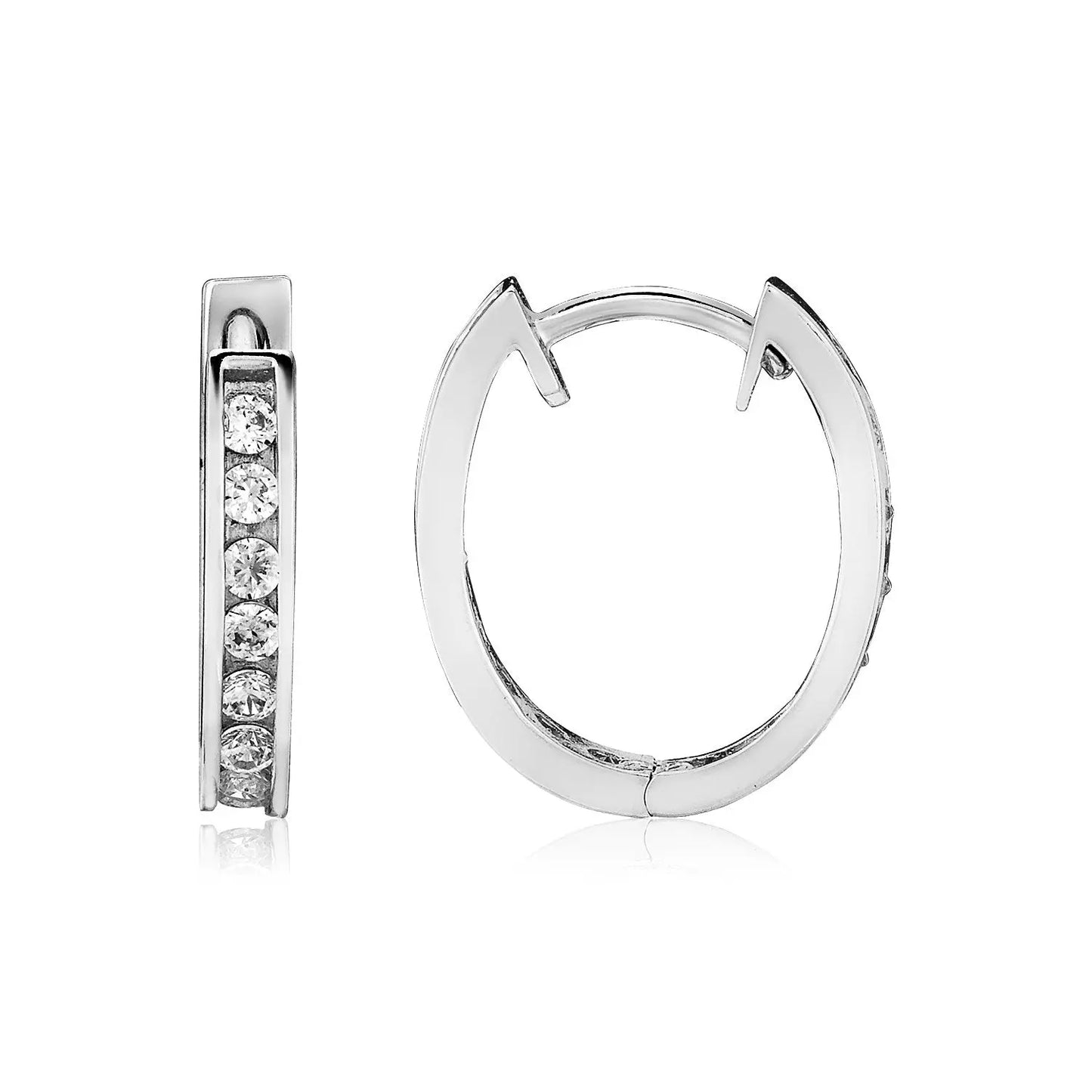 Sterling Silver Oval Hoop Earrings with Cubic Zirconias(3x15mm) RCJ Earrings CELESTIA LUXE JEWELLERS