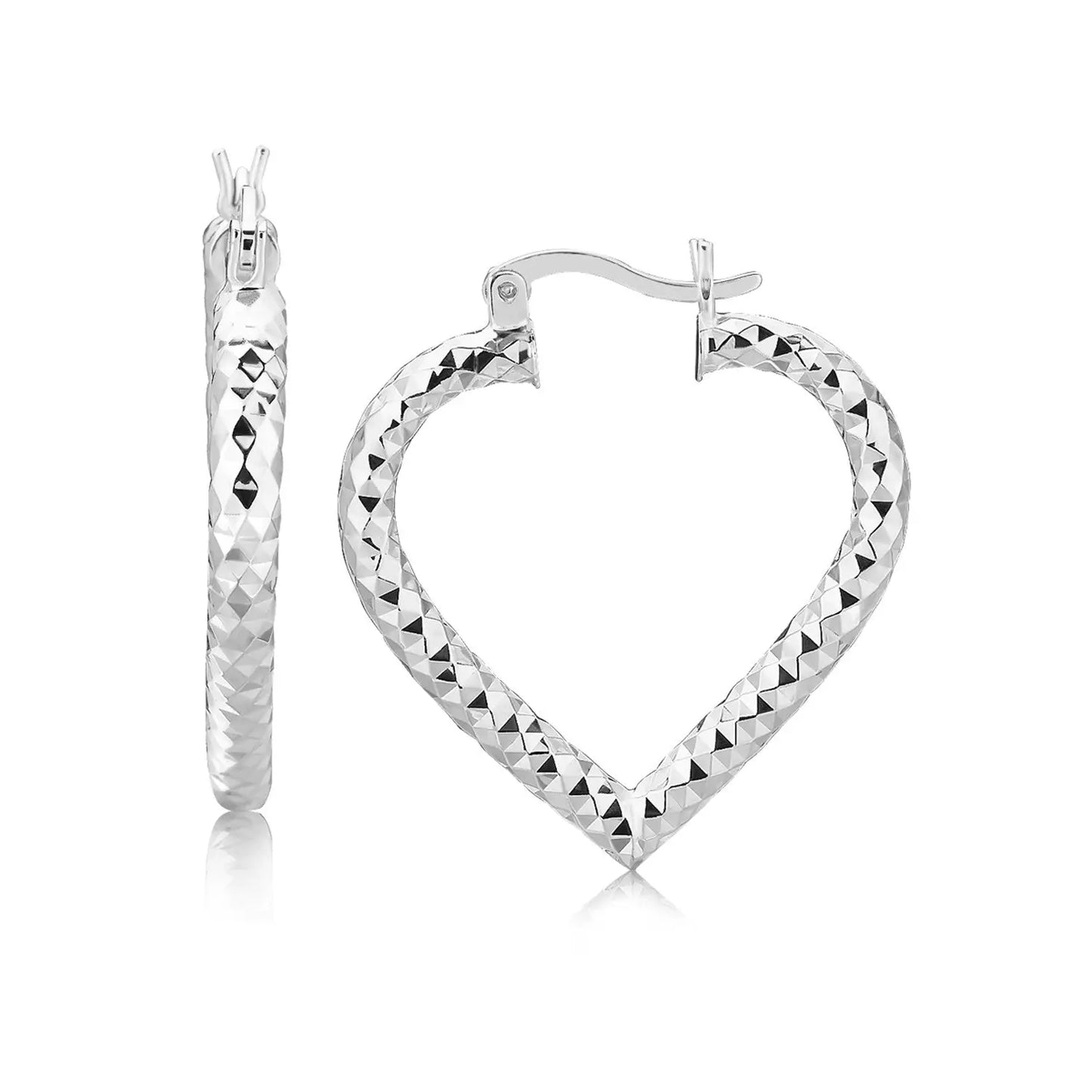 Sterling Silver Rhodium Plated Heart Style Hoop Diamond Cut Earrings(3x22mm) RCJ Earrings CELESTIA LUXE JEWELLERS