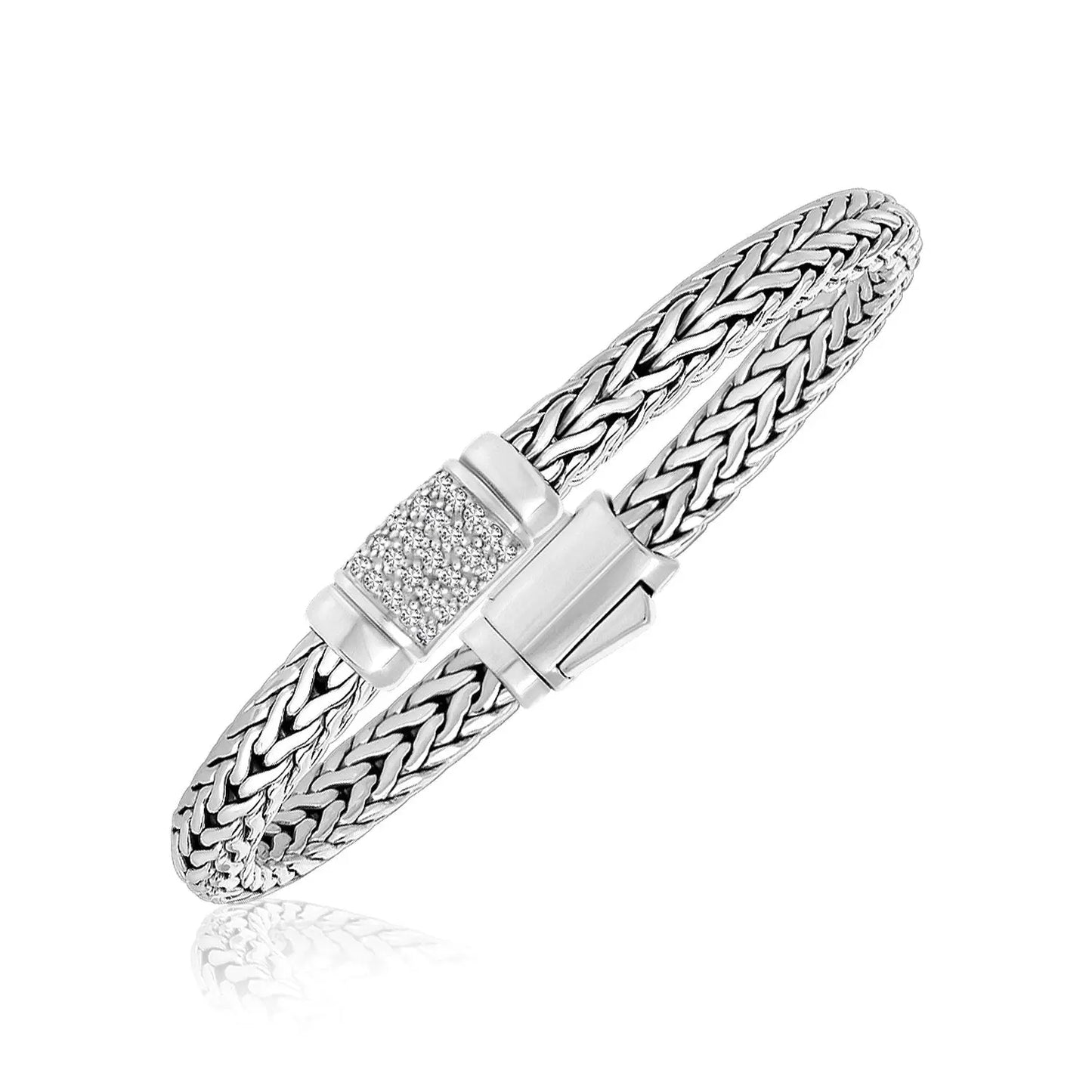 Sterling Silver Weave Motif Bracelet with White Sapphire Accents (6.35 mm) RCJ Bracelets CELESTIA LUXE JEWELLERS