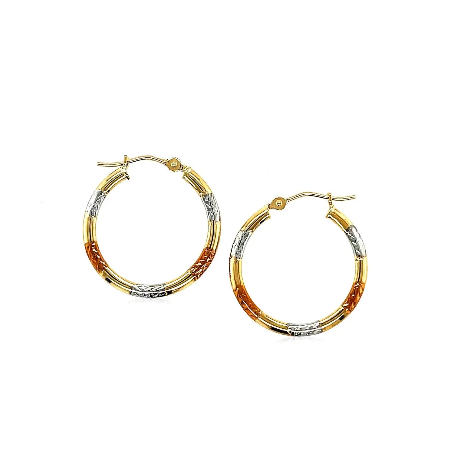10k Tri-Color Gold Classic Hoop Earrings with Diamond Cut Details(20mm) RCJ Earrings  CELESTIA LUXE JEWELLERS