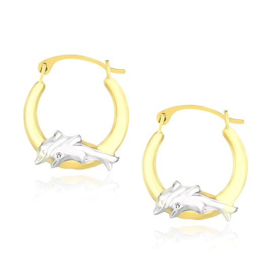 10k Two-Tone Gold Round Graduated Dolphin Design Hoop Earrings RCJ Earrings  CELESTIA LUXE JEWELLERS