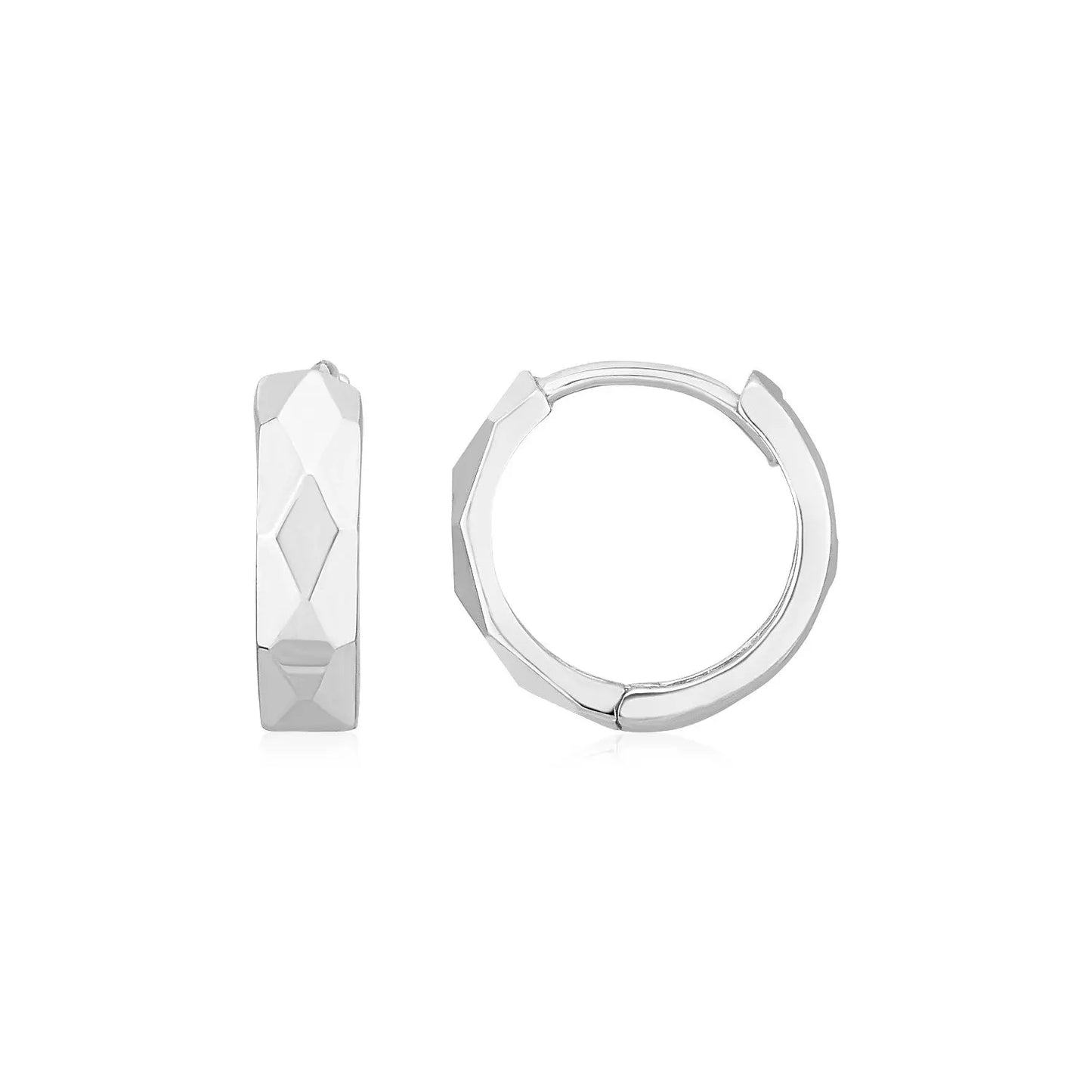 14K White Gold Diamond Motif Faceted Huggie Earrings(12.9mm) RCJ Earrings  CELESTIA LUXE JEWELLERS