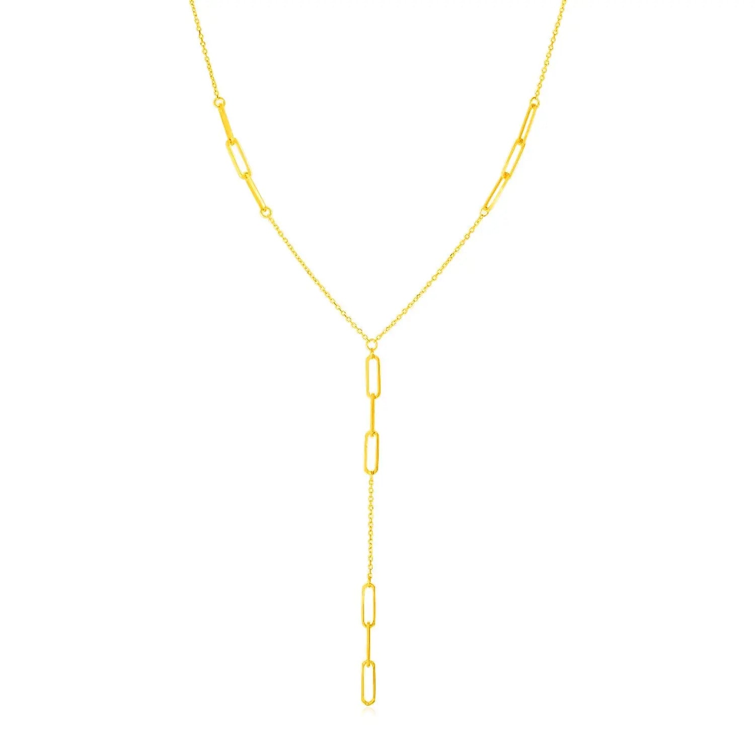 14K Yellow Gold Lariat Necklace with Paperclip Chain Stations RCJ Necklaces  CELESTIA LUXE JEWELLERS