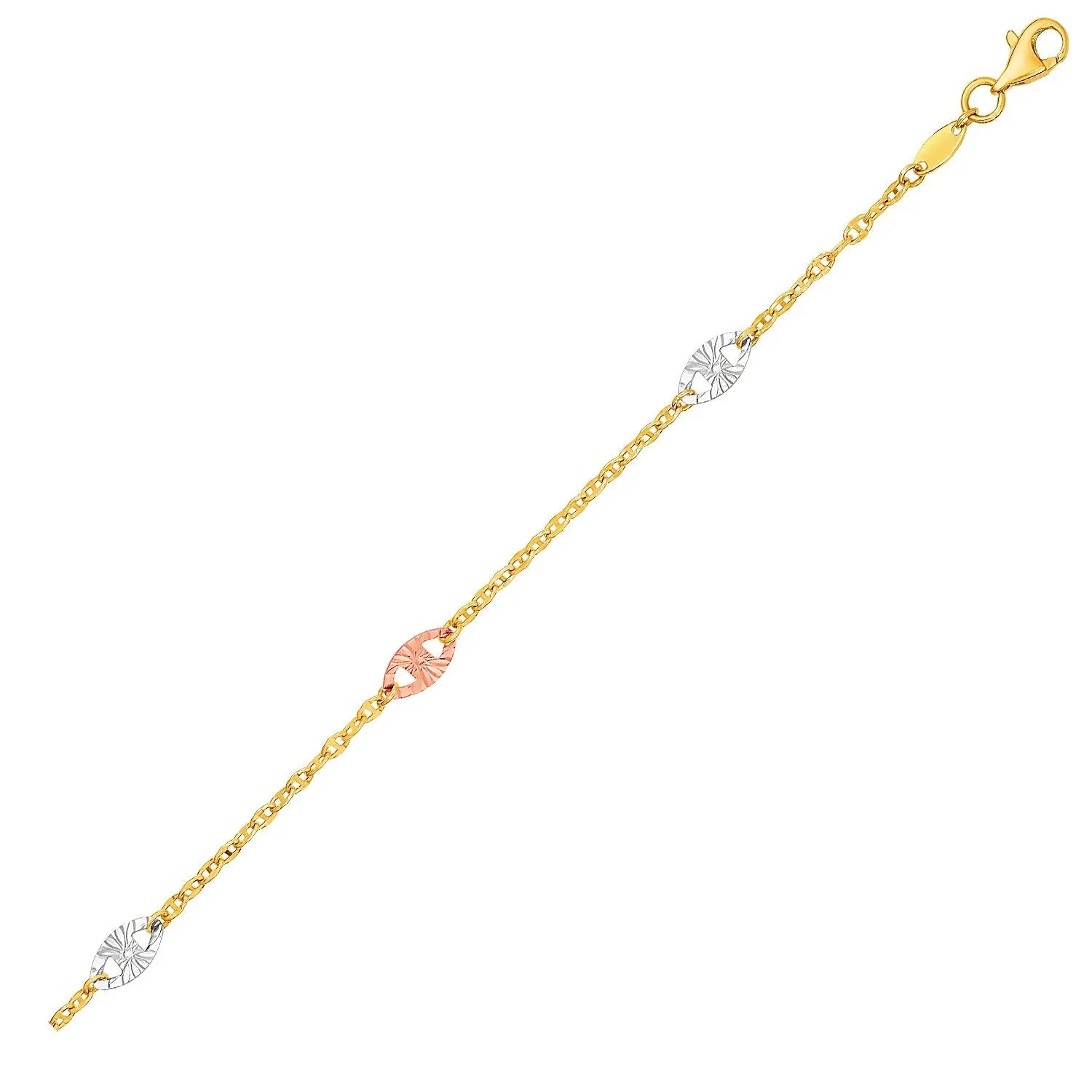 14k Three-Toned Yellow,  White,  and Rose Gold Anklet with Textured Ovals RCJ Anklets  CELESTIA LUXE JEWELLERS