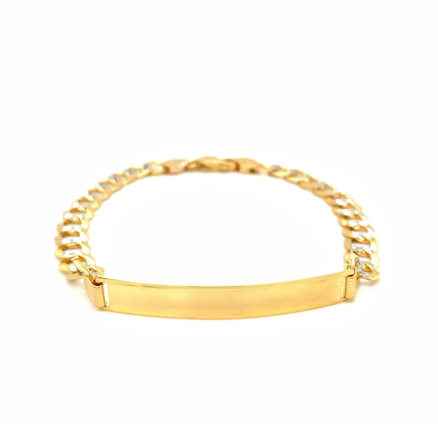 14k Two Tone Gold Mens Narrow Curb Chain ID Bracelet with White Pave (6.70 mm) RCJ Bracelets  CELESTIA LUXE JEWELLERS