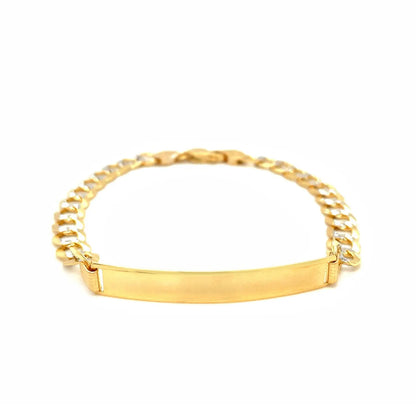 14k Two Tone Gold Mens Narrow Curb Chain ID Bracelet with White Pave (6.70 mm) RCJ Bracelets  CELESTIA LUXE JEWELLERS