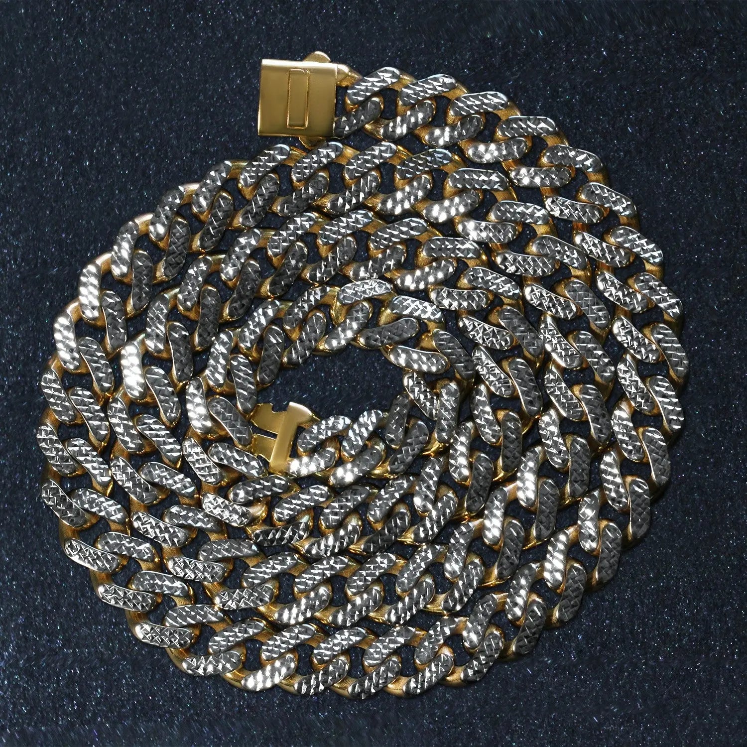 14k Two Tone Gold Miami Cuban Chain Necklace with White Pave RCJ Necklaces  CELESTIA LUXE JEWELLERS