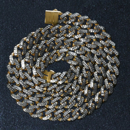 14k Two Tone Gold Miami Cuban Chain Necklace with White Pave RCJ Necklaces  CELESTIA LUXE JEWELLERS