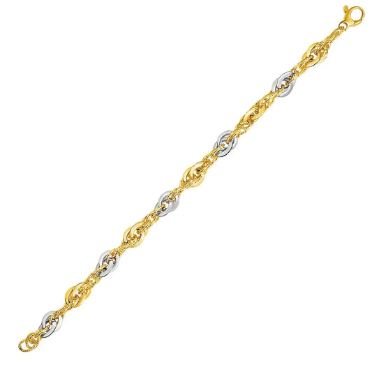 14k Two-Tone Yellow and White Gold Double Link Textured Bracelet (10.00 mm) RCJ Bracelets  CELESTIA LUXE JEWELLERS