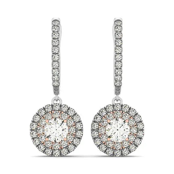 14k White And Rose Gold Drop Diamond Earrings with a Halo Design (3/4 cttw) RCJ Earrings  CELESTIA LUXE JEWELLERS
