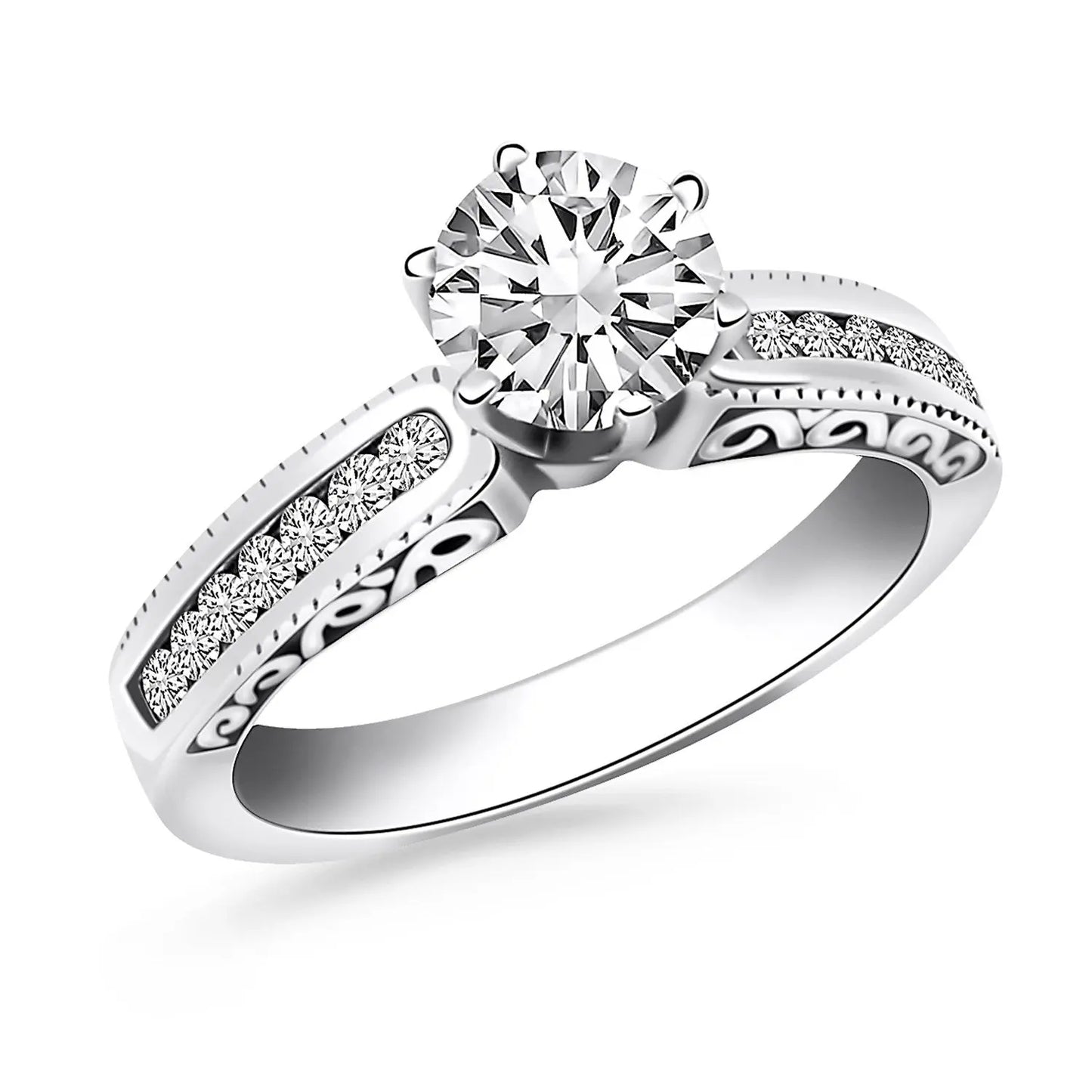 14k White Gold Channel Set Engagement Ring with Engraved Sides RCJ Rings  CELESTIA LUXE JEWELLERS