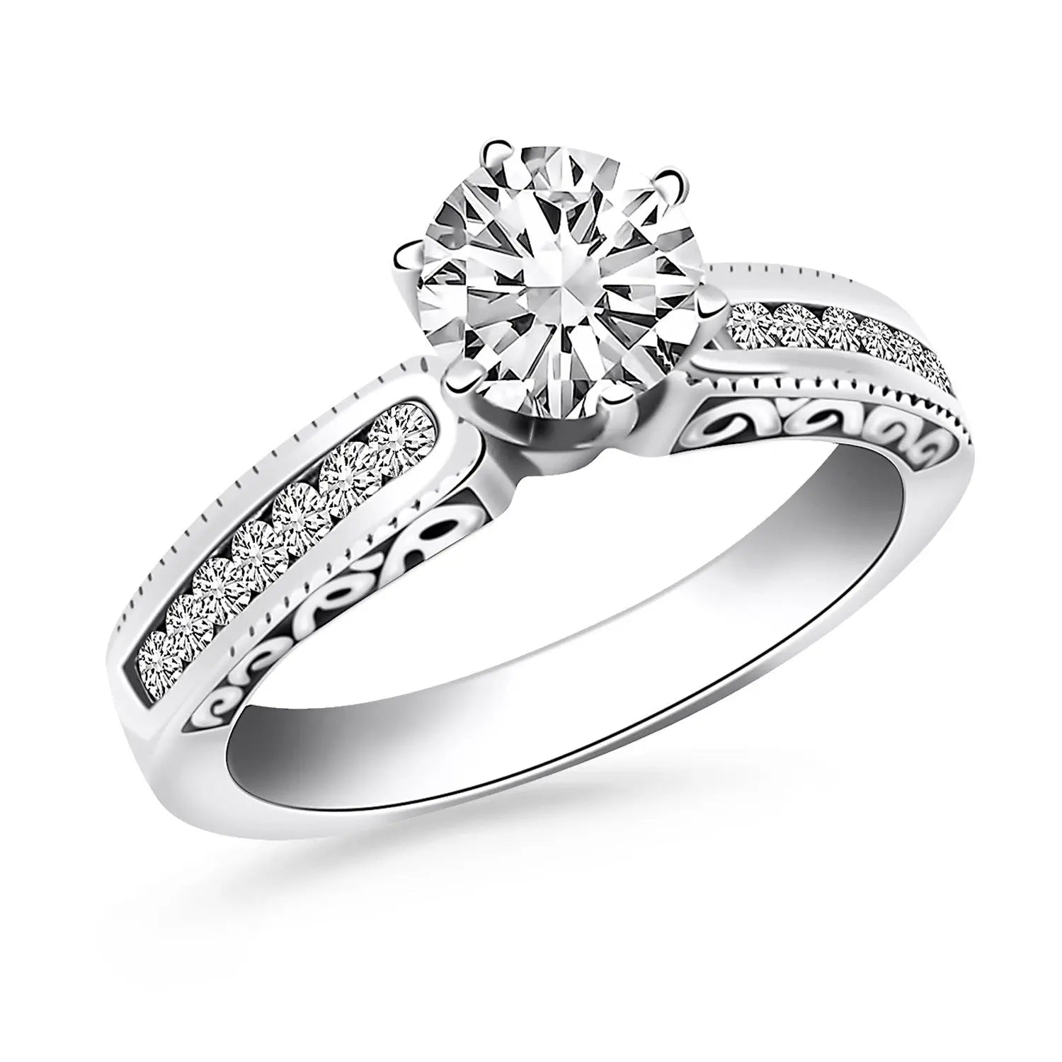 14k White Gold Channel Set Engagement Ring with Engraved Sides RCJ Rings  CELESTIA LUXE JEWELLERS