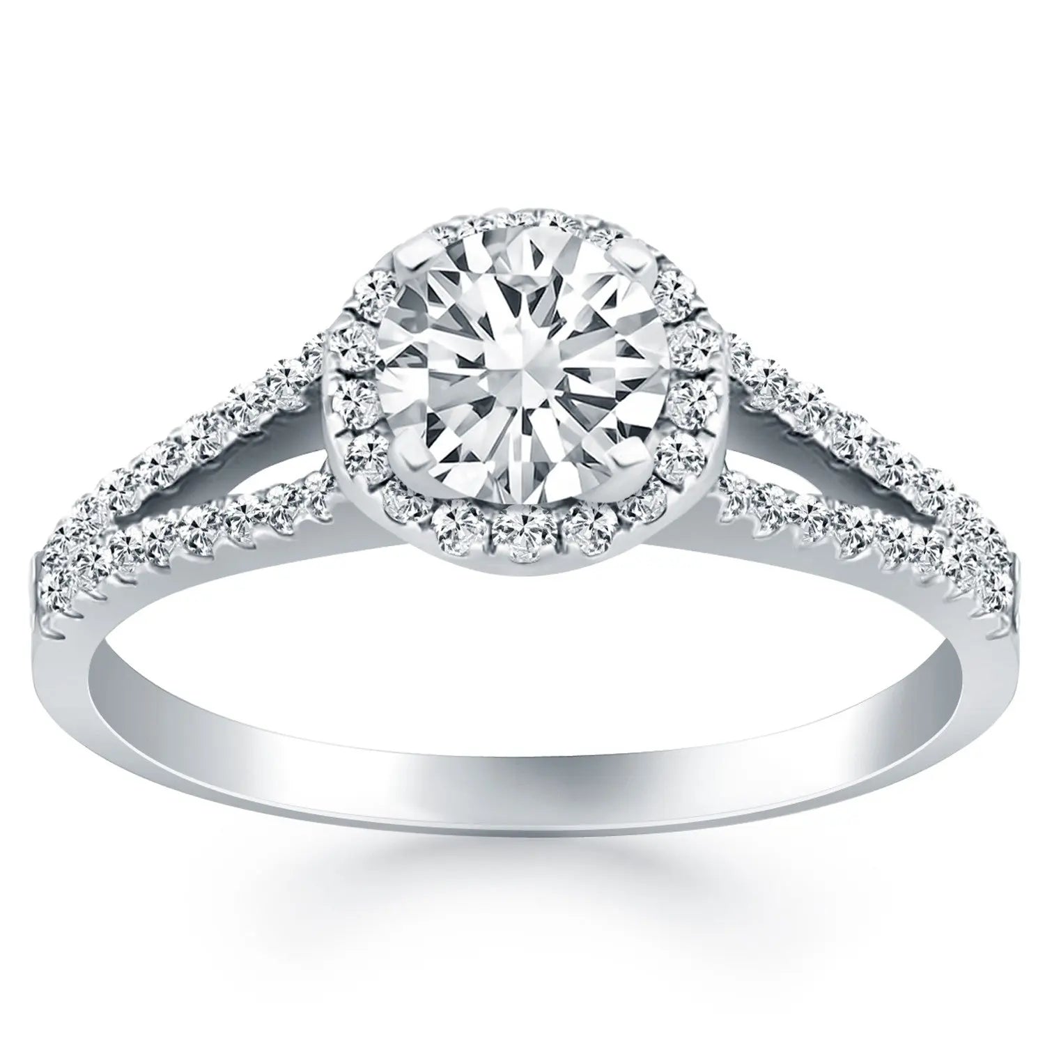 14k White Gold Diamond Halo Split Shank Engagement Ring RCJ Rings  CELESTIA LUXE JEWELLERS