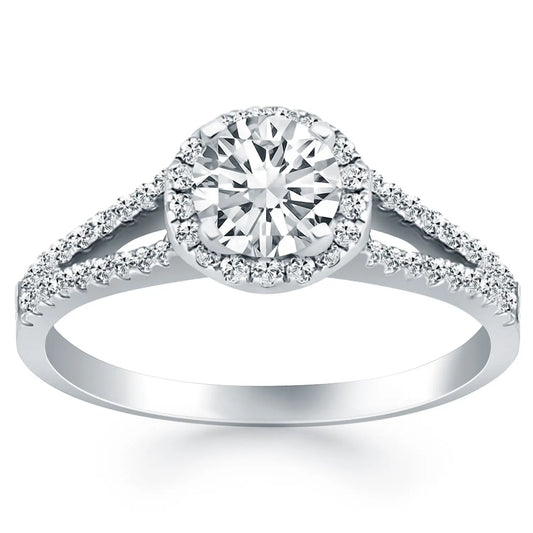 14k White Gold Diamond Halo Split Shank Engagement Ring RCJ Rings  CELESTIA LUXE JEWELLERS