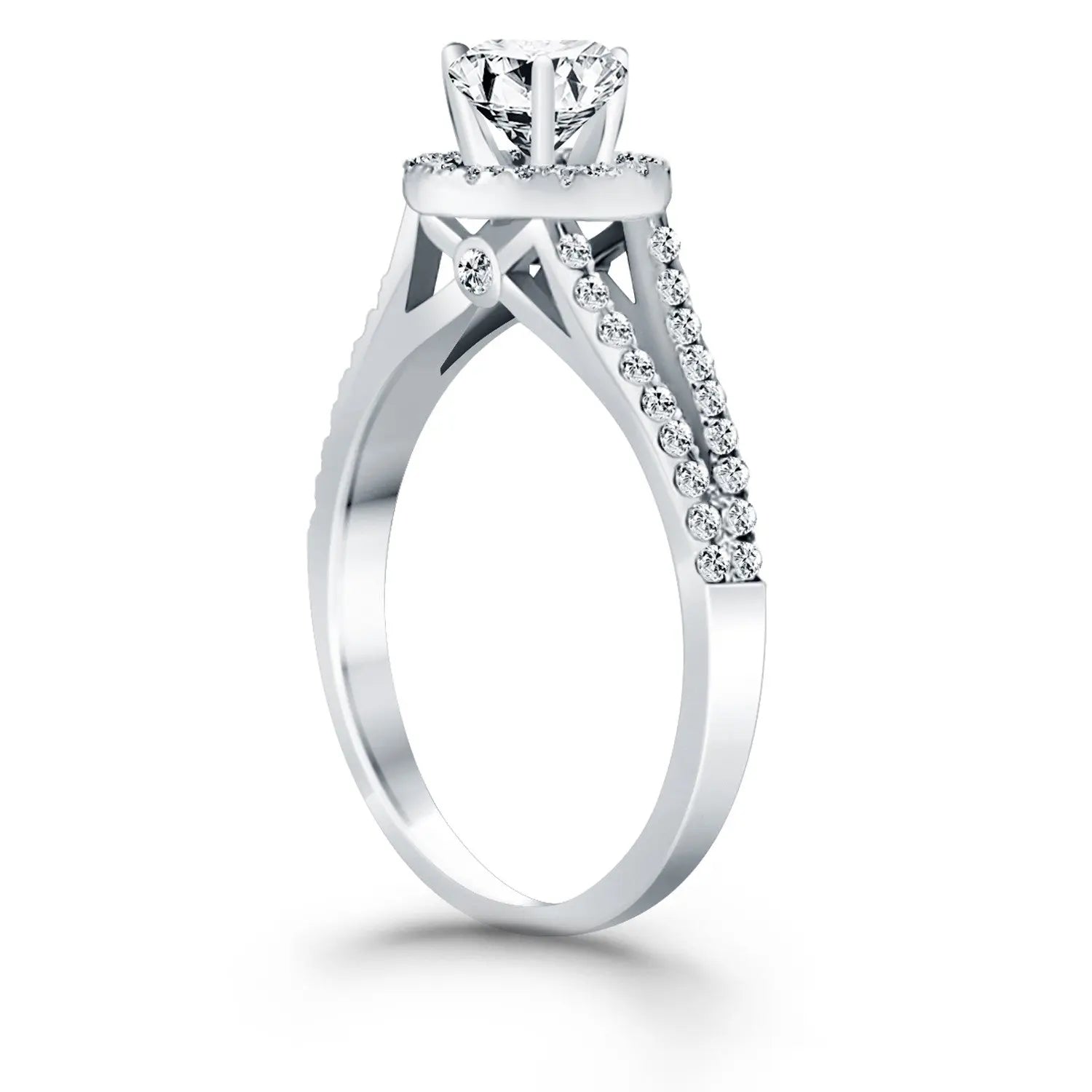 14k White Gold Diamond Halo Split Shank Engagement Ring RCJ Rings  CELESTIA LUXE JEWELLERS