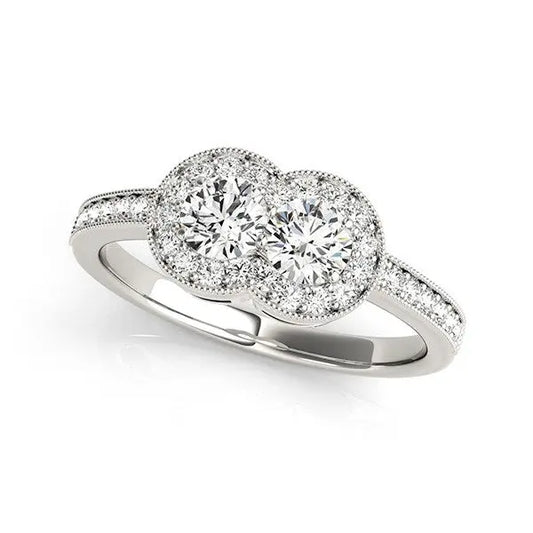 14k White Gold Two Stone Diamond Halo Ring (3/4 cttw) RCJ Rings  CELESTIA LUXE JEWELLERS