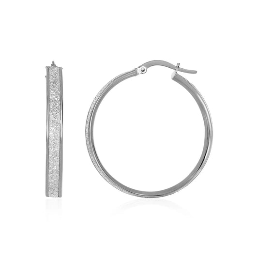 14k White Tone Gold Hoop Style Earrings with Center Glitter Look Design(4x30mm) RCJ Earrings  CELESTIA LUXE JEWELLERS