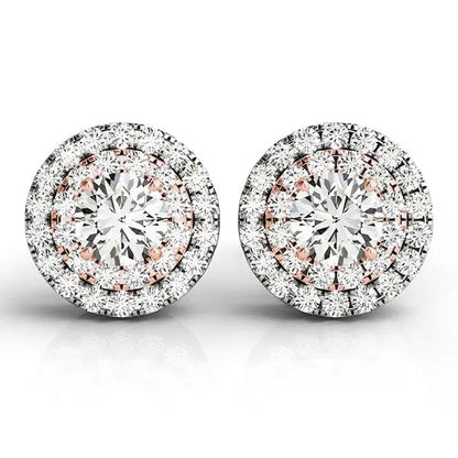 14k White and Rose Gold Round Halo Diamond Earrings (3/4 cttw) RCJ Earrings  CELESTIA LUXE JEWELLERS