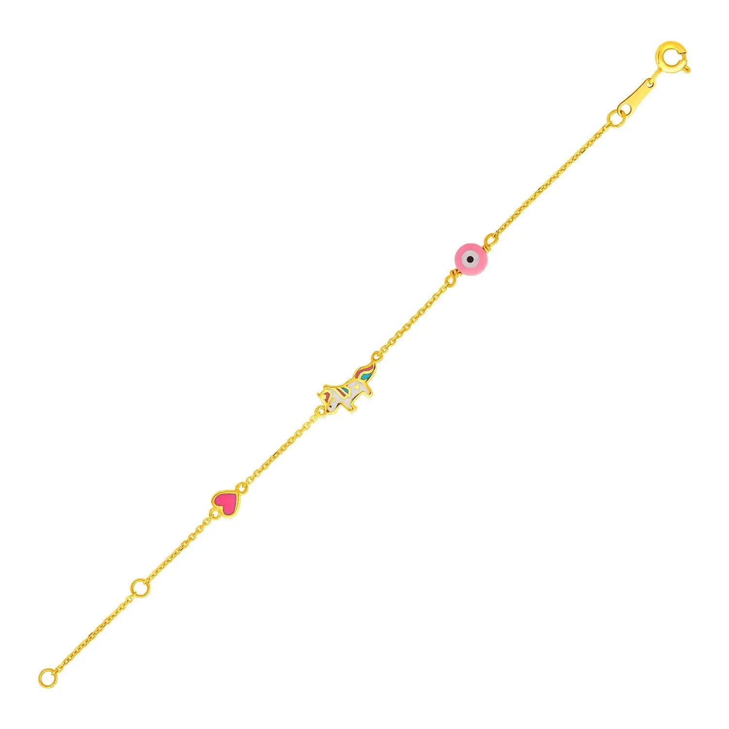 14k Yellow Gold Childrens Bracelet with Enameled Heart Unicorn and Circle RCJ Bracelets  CELESTIA LUXE JEWELLERS