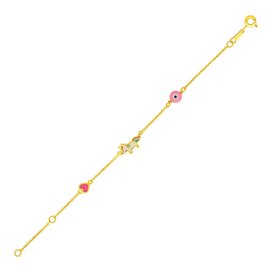 14k Yellow Gold Childrens Bracelet with Enameled Heart Unicorn and Circle RCJ Bracelets  CELESTIA LUXE JEWELLERS