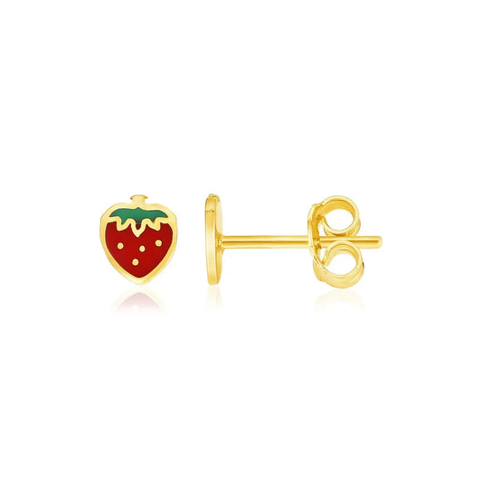 14k Yellow Gold Enameled Strawberry Childrens Earrings RCJ Earrings  CELESTIA LUXE JEWELLERS