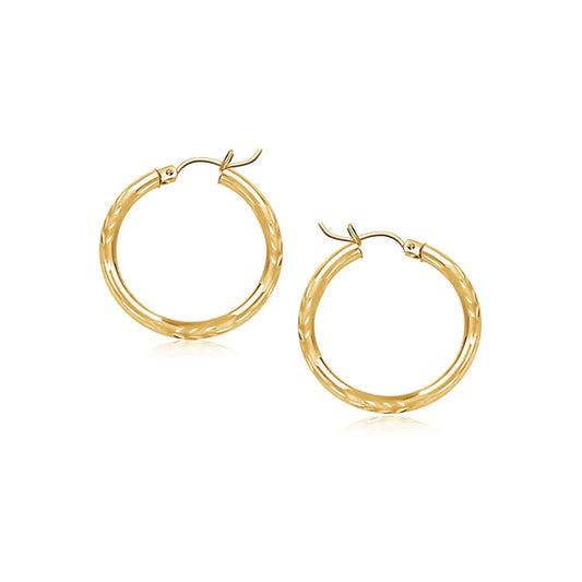 14k Yellow Gold Fancy Diamond Cut Slender Small Hoop Earrings (2x15mm) RCJ Earrings  CELESTIA LUXE JEWELLERS